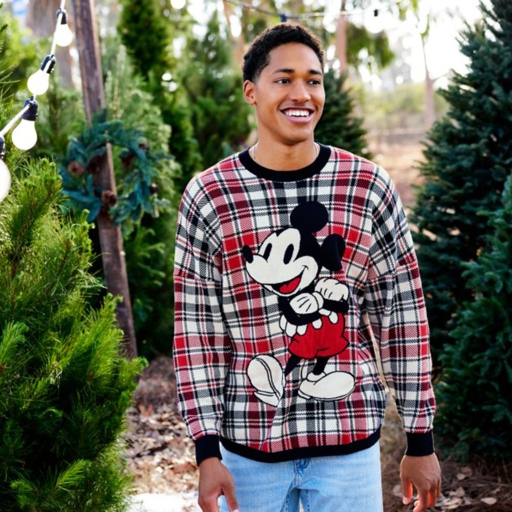 DISNEY DISNEYLAND MICKEY MOUSE HOLIDAY PLAID SPIRIT JERSEY SWEATER BLACK/RED Med - Picture 5 of 6